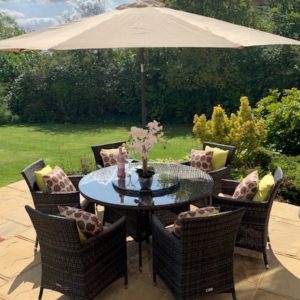 6 Brown Black weave Almeria Armchairs 1.4mtr Round Lazy Susan Set Ex-Warehouse £799!...  EXTRA £500 OFF!!