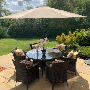 6 Brown Black weave Almeria Armchairs 1.4mtr Round Set Ex-Warehouse 3 Sets LEFT...  EXTRA £500 OFF!!