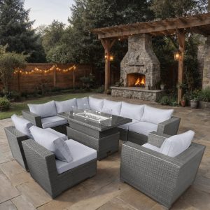 Galveston 9 Piece Armchair Rattan Modular Corner Rising Firepit Table Sofa Set