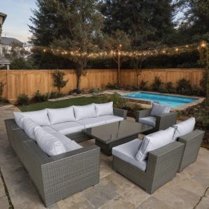 Galveston 9 Piece Armchair Rattan Modular Corner Rising Table Sofa Set