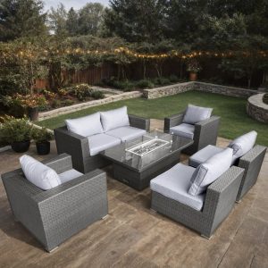 Galveston 6 Piece Armchair Rattan Modular Corner Rising Firepit Table Sofa Set