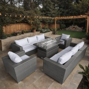 Galveston 8 Piece Armchair Rattan Modular Corner Rising Firepit Table Sofa Set