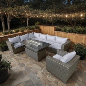 Galveston 7 Piece Rattan Modular Corner Rising Firepit Table Sofa Set