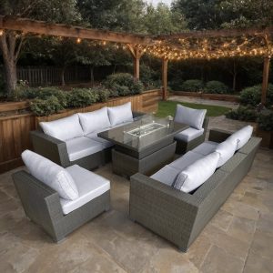 Galveston 8 Piece Rattan Modular Corner Rising Firepit Table Sofa Set