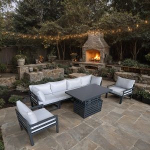 Galveston Four Seater Sofa & Armchairs  Aluminium Modular Rising Table Set