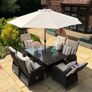 Lake Garda Brown/Black Weave 6 Recliner Armchairs 1.8mtr Oval Set EX WAREHOUSE SETS £500 OFF!