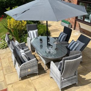Bergamo Grey/White Weave 6 Recliner Armchairs 1.8mtr Oval Set EX WAREHOUSE SETS £500 OFF!