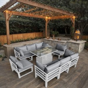 White Galveston Eight Piece Sofa Aluminium Modular Rising Table Set