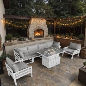 Galveston Four Seater Sofa Aluminium Modular Rising Firepit Table Set