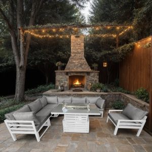 White Galveston 7 Piece Aluminium Modular Corner Rising Firepit Table Sofa Set with Armchair