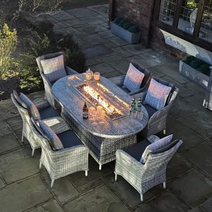 6 Grey White Burlington Armchairs 1.8mtr Oval Fire Pit Set Ex-Warehouse EXTRA £800 OFF!!